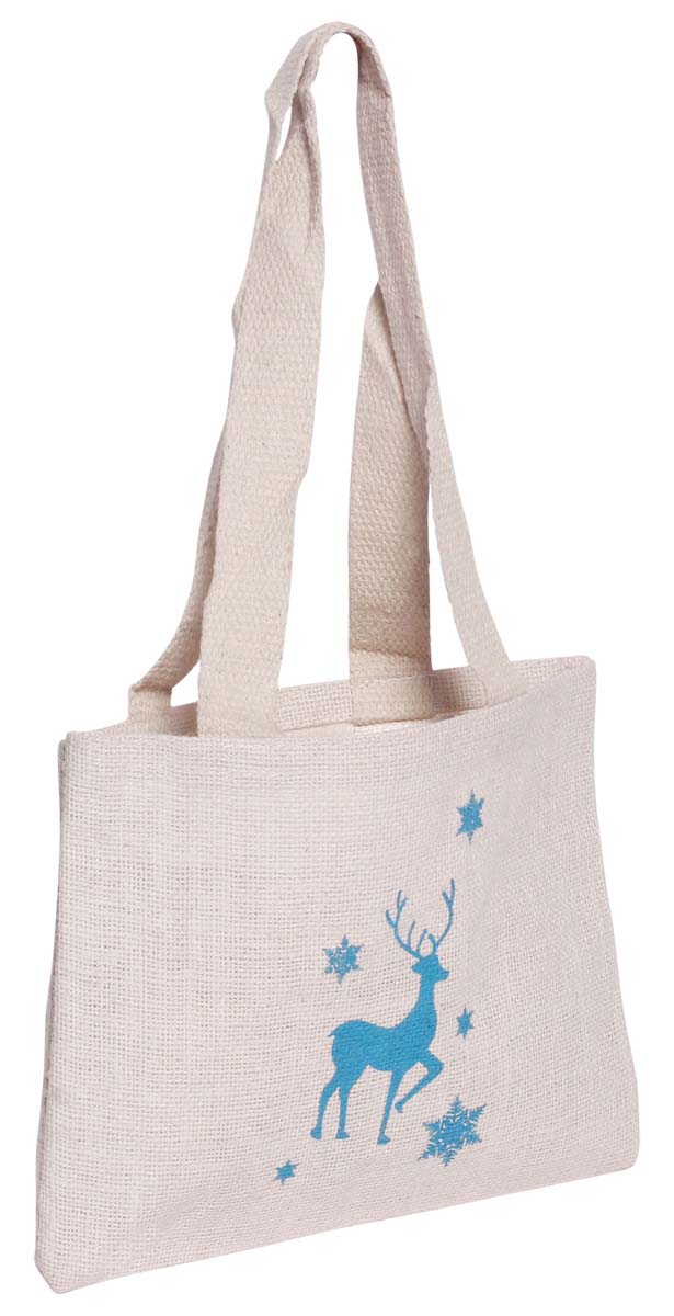 White Jute Handbag - Printed Reindeer & Star Motifs - Eco-Friendly - Cute Handbags & Purses - Fashion Accessories - Buy in Bulk Wholesale