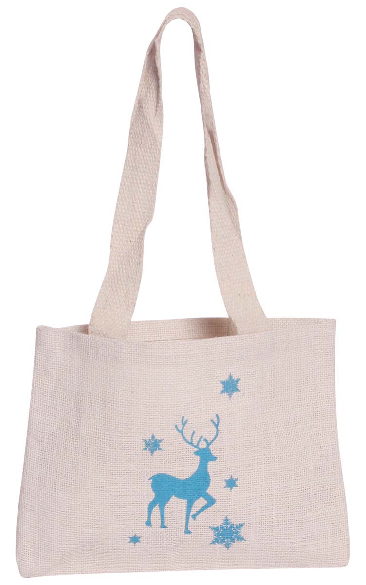 White Jute Handbag - Printed Reindeer & Star Motifs - Eco-Friendly - Cute Handbags & Purses - Fashion Accessories - Buy in Bulk Wholesale
