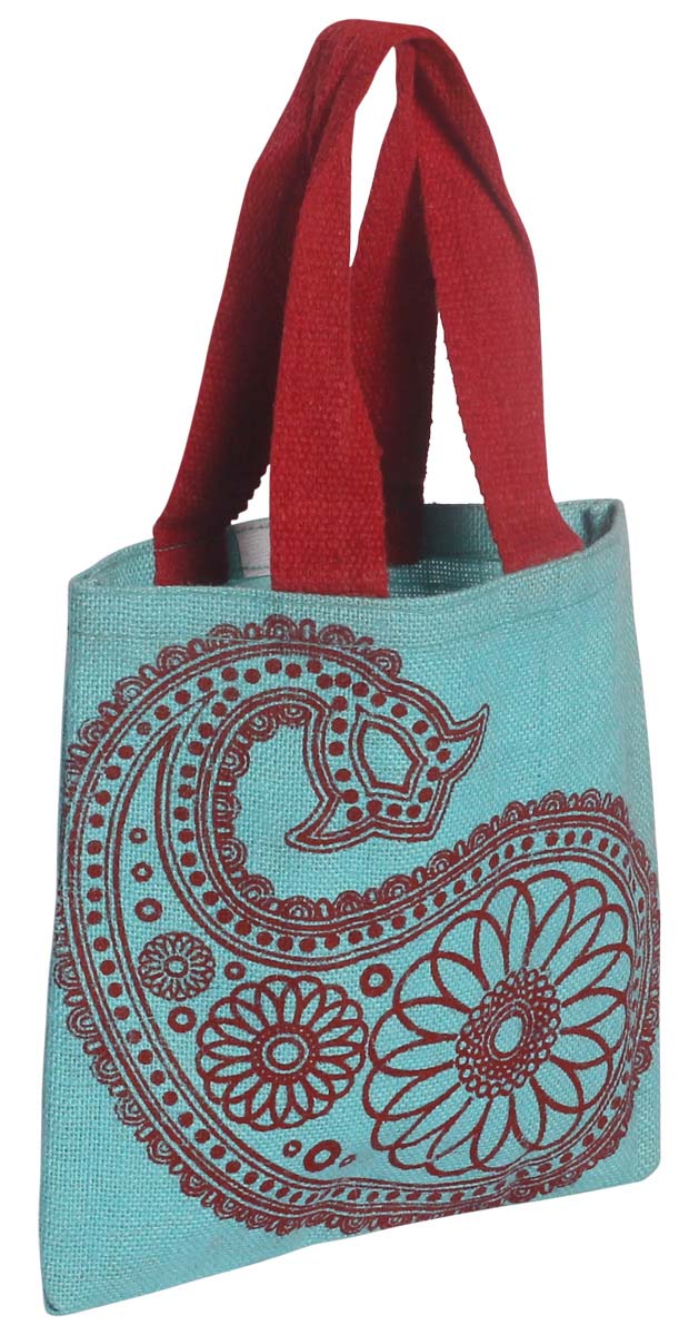 Blue Jute Handbag - Printed Paisley Motif - Eco-Friendly - Red Twin Handles - Cute Handbags & Purses - Fashion Accessories - Buy in Bulk Wholesale