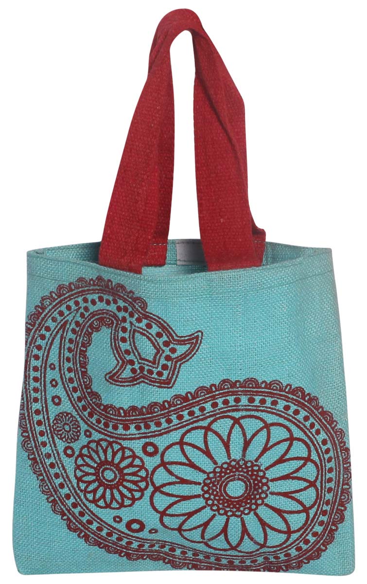 Blue Jute Handbag - Printed Paisley Motif - Eco-Friendly - Red Twin Handles - Cute Handbags & Purses - Fashion Accessories - Buy in Bulk Wholesale