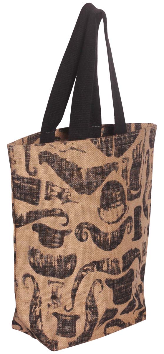 Black & Brown Jute Handbag - Printed Moustache & Hat Motifs - Unique Handbags & Purses - Fashion Accessories - Buy in Bulk Wholesale
