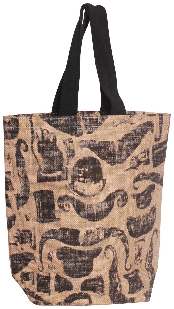 Black & Brown Jute Handbag - Printed Moustache & Hat Motifs - Unique Handbags & Purses - Fashion Accessories - Buy in Bulk Wholesale