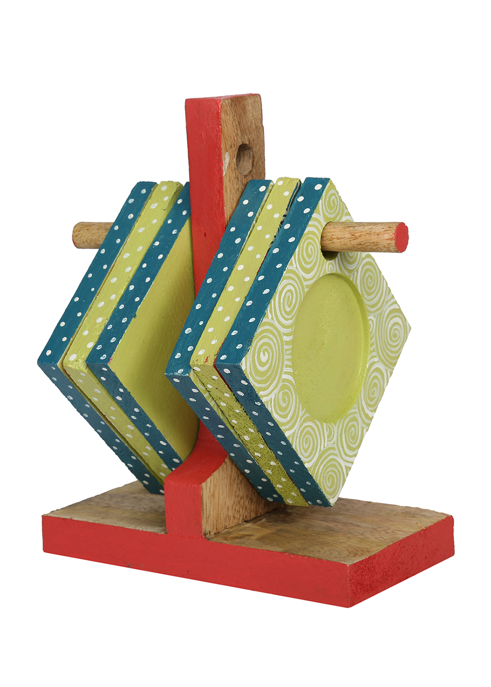 Bulk Buy Wholesale Set of 6 Coasters with Holder in Wood Hand-Painted in Multicolor - Table/Kitchen Accessories