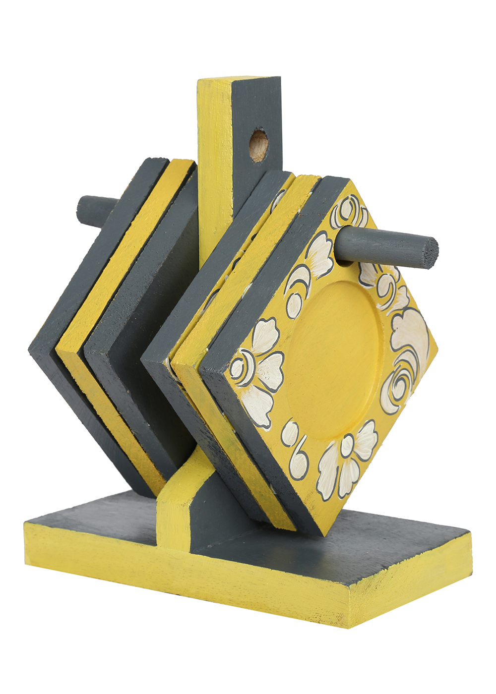 Bulk Buy Wholesale Set of 6 Coasters with Holder in Wood Hand-Painted in Yellow and Gray Color - Table/Kitchen Accessories