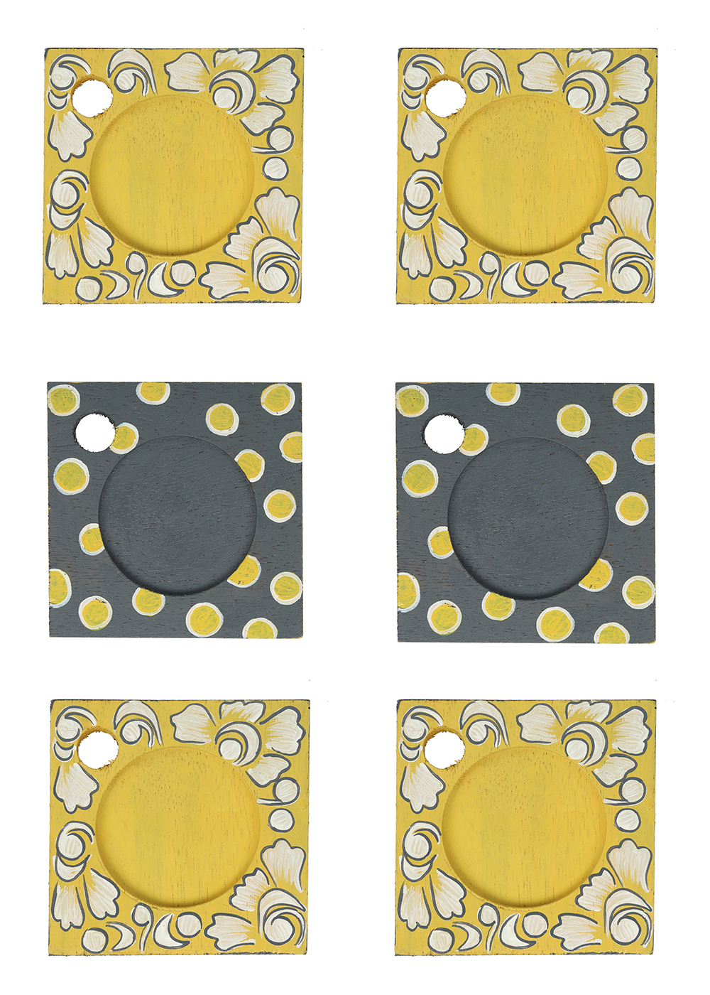 Bulk Buy Wholesale Set of 6 Coasters with Holder in Wood Hand-Painted in Yellow and Gray Color - Table/Kitchen Accessories