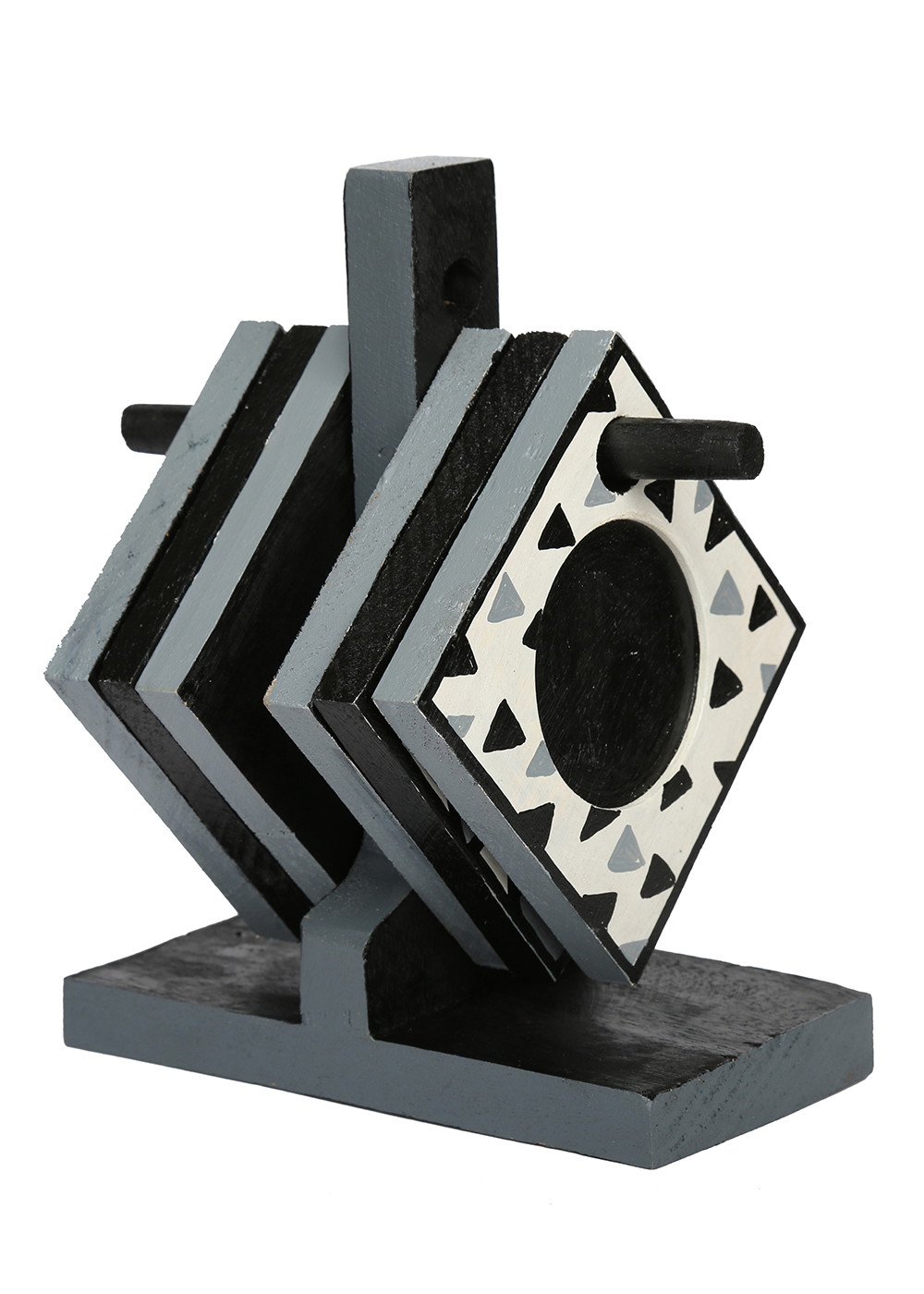 Bulk Wholesale Wood Coasters Monochrome Hand-Painted in Abstract Geometric Pattern - Set of 6 with Holder - Table/Kitchen Accessories