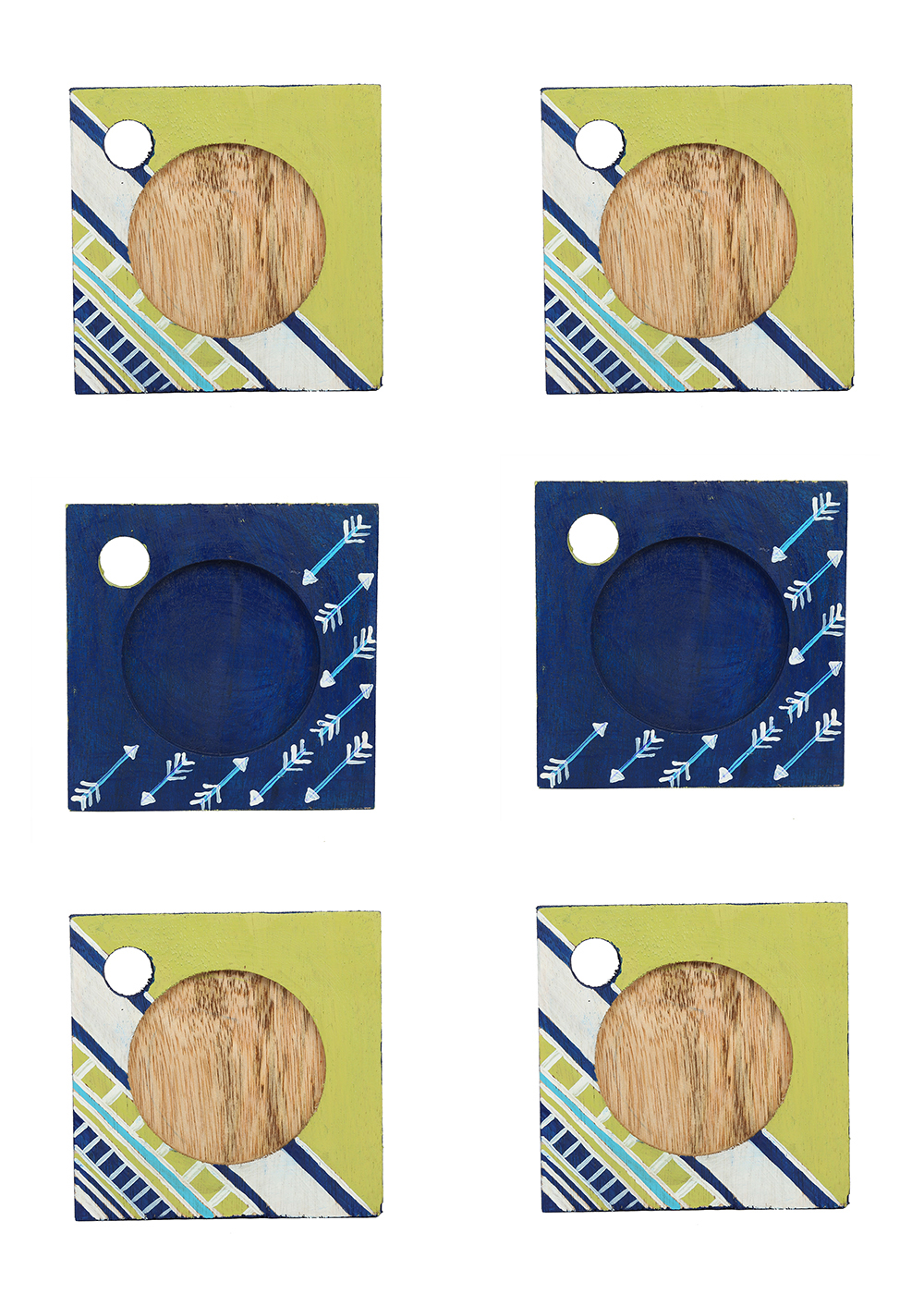 Bulk Wholesale Wood Coasters - Tribal Hand-Painted Green & Blue - Set of 6 with Holder - Table/Kitchen Accessories