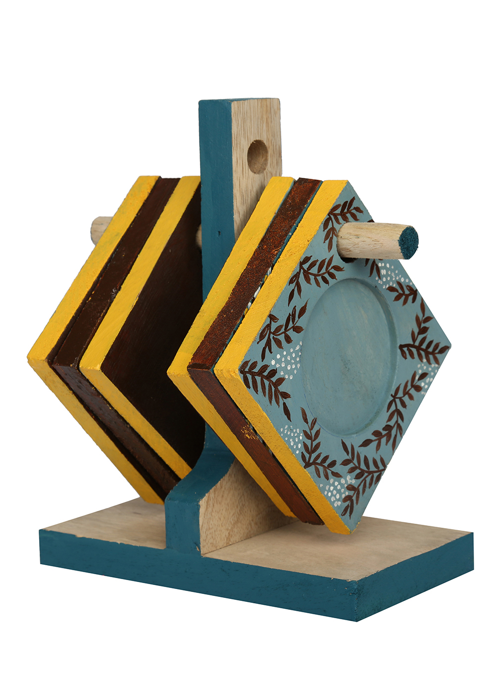 Bulk Wholesale Wood Coasters with Holder Floral Hand-Painted - Teal-Blue, Yellow - Set of 6 with Holder - Table/Kitchen Accessories
