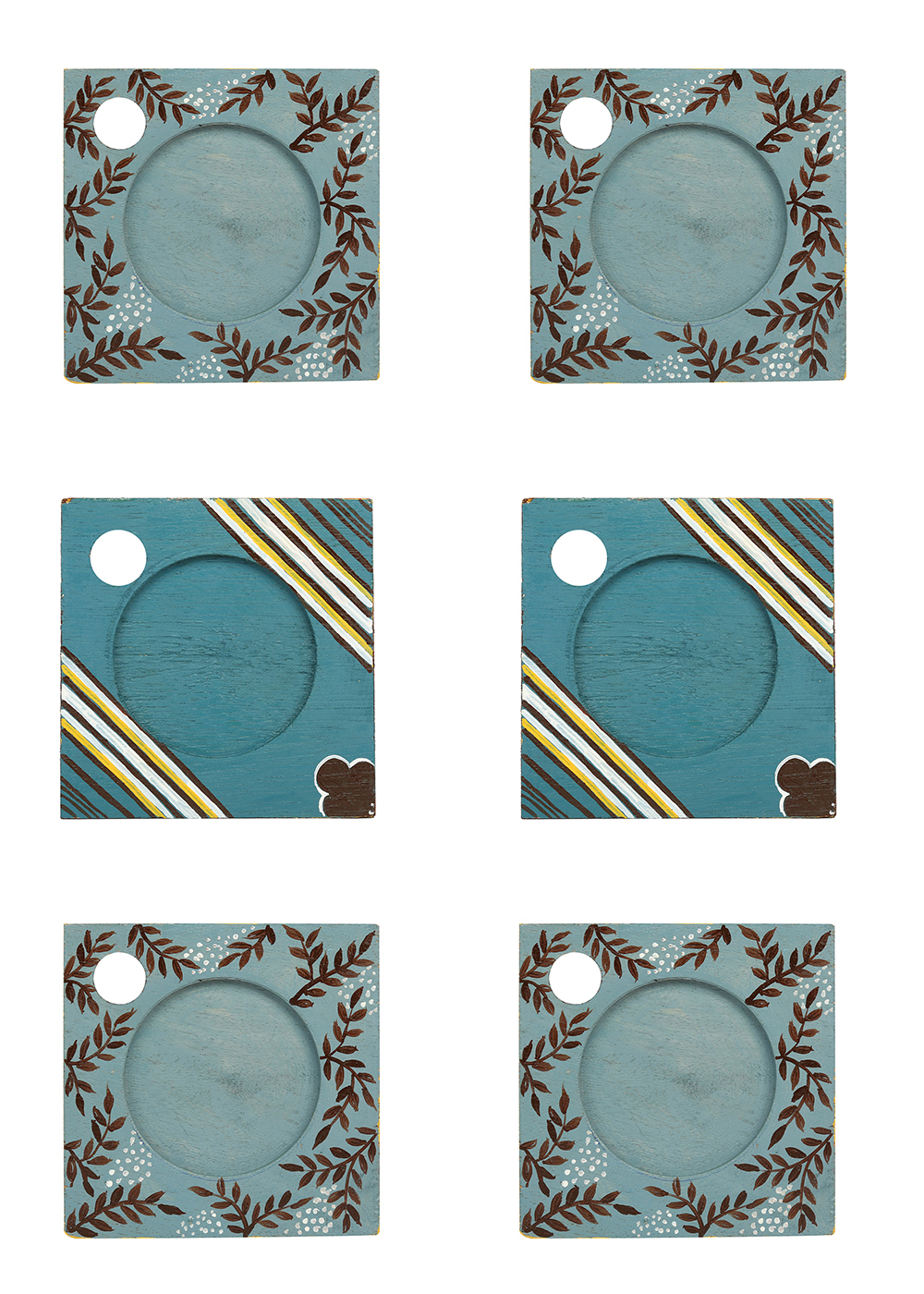 Bulk Wholesale Wood Coasters with Holder Floral Hand-Painted - Teal-Blue, Yellow - Set of 6 with Holder - Table/Kitchen Accessories