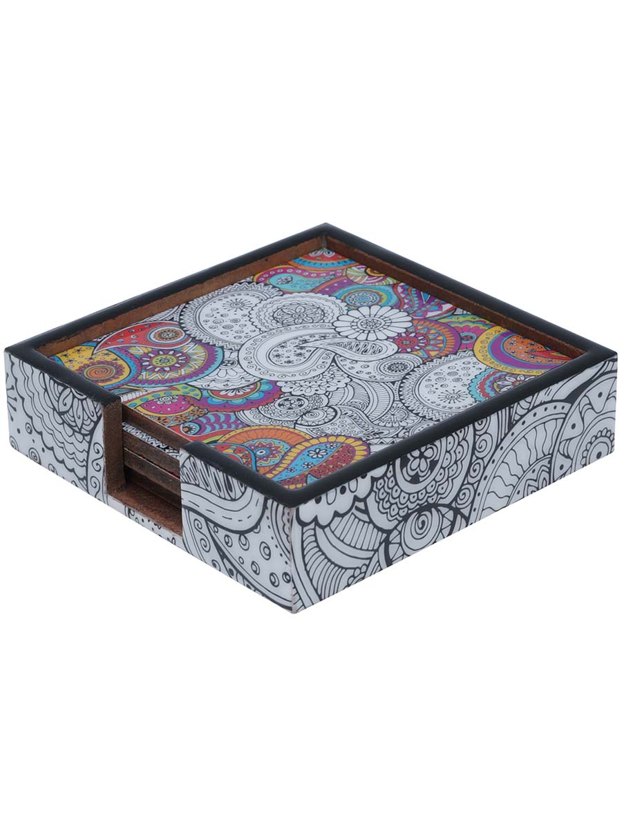 4.5 Inch Hand-Painted Paisleys Coasters with Holder in Bulk at Wholesale – 4 Coasters - MDF – Black/White/Multicolored – Home & Kitchen Essentials