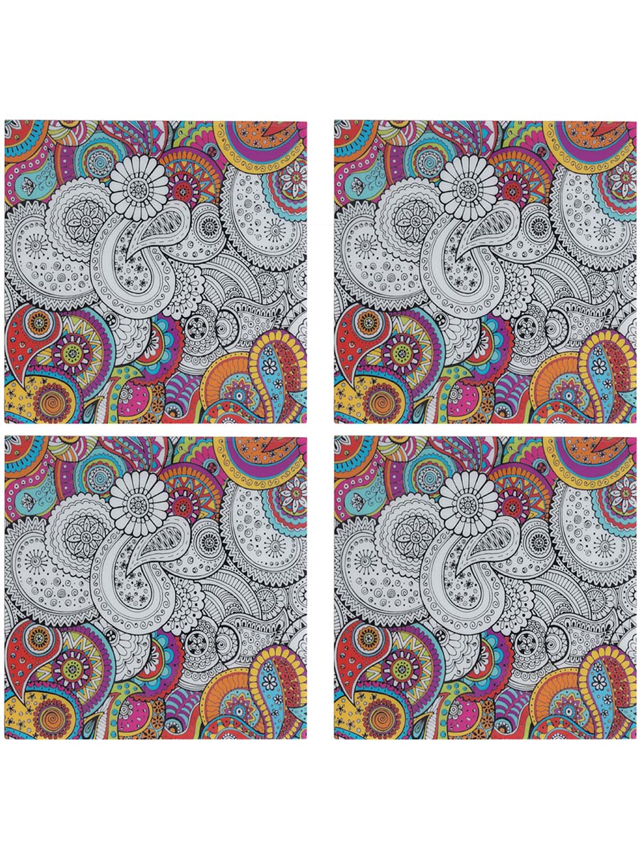 4.5 Inch Hand-Painted Paisleys Coasters with Holder in Bulk at Wholesale – 4 Coasters - MDF – Black/White/Multicolored – Home & Kitchen Essentials
