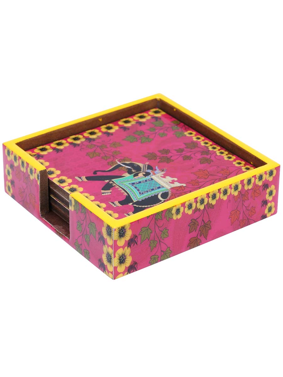 4.5 Inch Hand-Painted Elephant Coasters with Holder in Bulk at Wholesale – 4 Coasters - MDF – Pink/Multicolored – Home & Kitchen Essentials