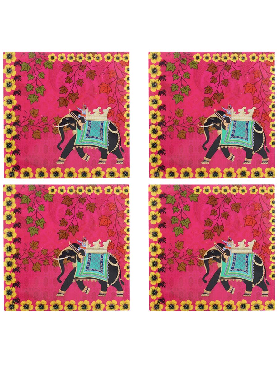 4.5 Inch Hand-Painted Elephant Coasters with Holder in Bulk at Wholesale – 4 Coasters - MDF – Pink/Multicolored – Home & Kitchen Essentials