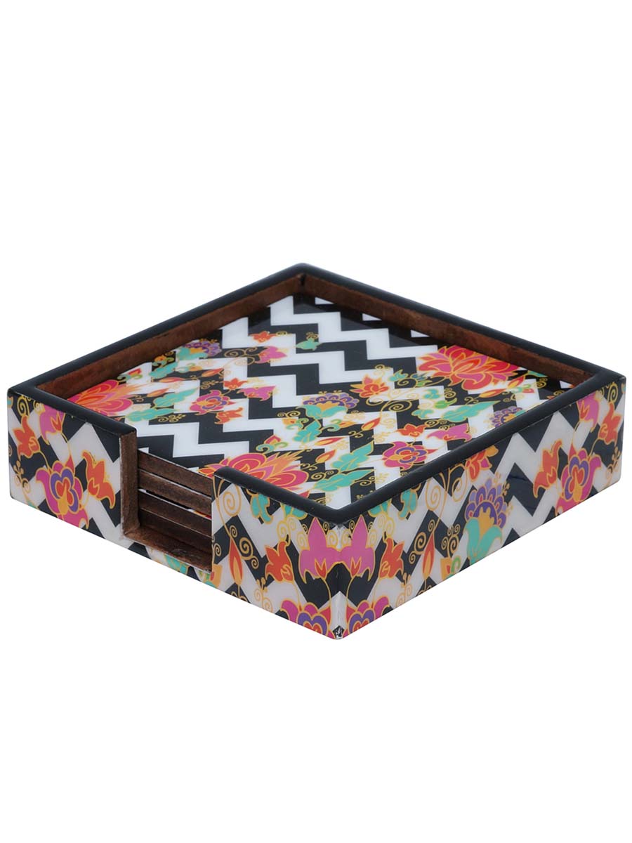 4.5 Inch Hand-Painted Contemporary Floral Coasters with Holder in Bulk at Wholesale – 4 Coasters - MDF – Black/White/Multicolored – Home & Kitchen Essentials