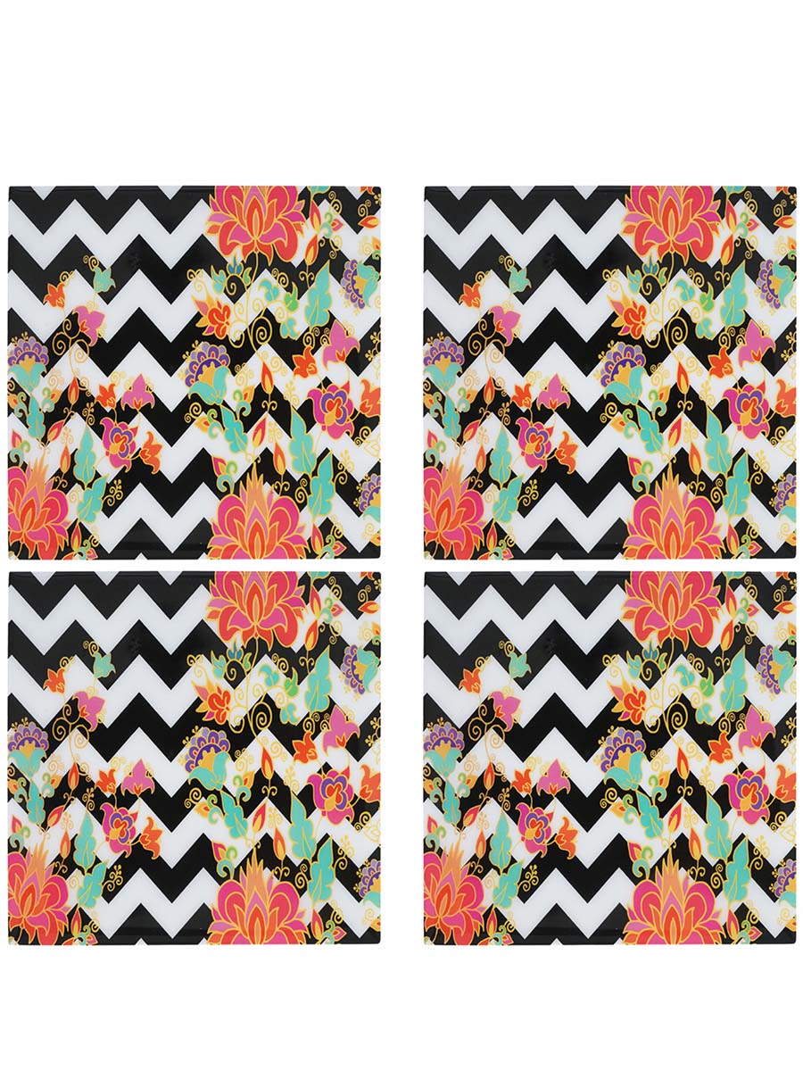 4.5 Inch Hand-Painted Contemporary Floral Coasters with Holder in Bulk at Wholesale – 4 Coasters - MDF – Black/White/Multicolored – Home & Kitchen Essentials