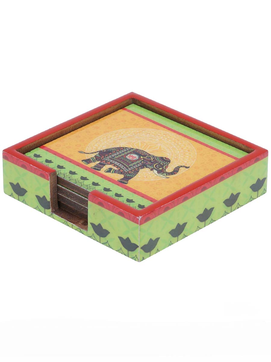 4.5 Inch Hand-Painted Elephant Coasters with Holder in Bulk at Wholesale – 4 Coasters - MDF – Yellow/Green/Multicolored – Home & Kitchen Essentials