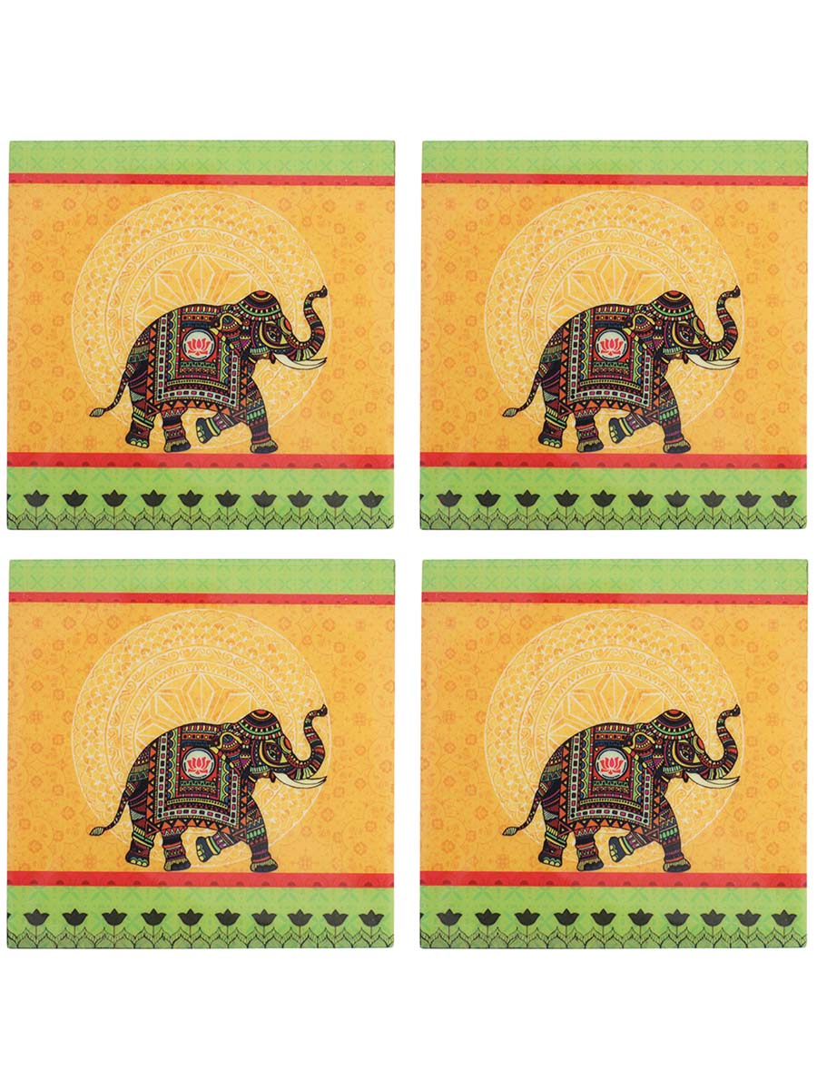 4.5 Inch Hand-Painted Elephant Coasters with Holder in Bulk at Wholesale – 4 Coasters - MDF – Yellow/Green/Multicolored – Home & Kitchen Essentials