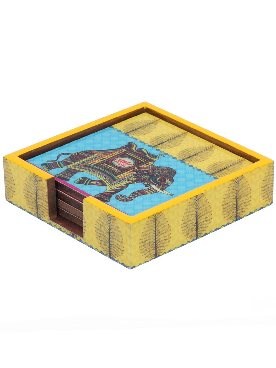 4.5 Inch Hand-Painted Elephant Coasters with Holder in Bulk at Wholesale – 4 Coasters - MDF – Yellow/Sky-Blue/Multicolored – Home & Kitchen Essentials