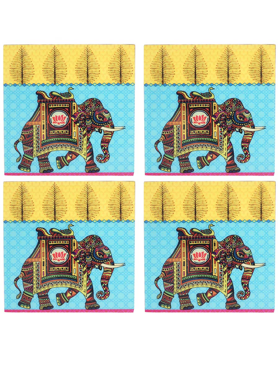 4.5 Inch Hand-Painted Elephant Coasters with Holder in Bulk at Wholesale – 4 Coasters - MDF – Yellow/Sky-Blue/Multicolored – Home & Kitchen Essentials