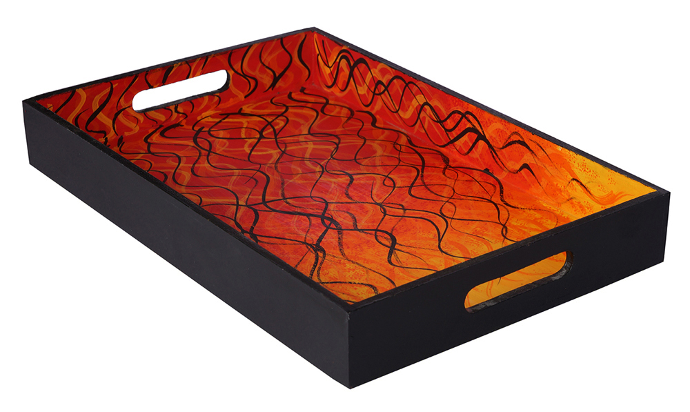 Buy in Bulk Wholesale Serving Tray Hand-Painted Warm Glow with Wavy Pattern in MDF - Orange, Yellow & Black - Kitchen Accessories