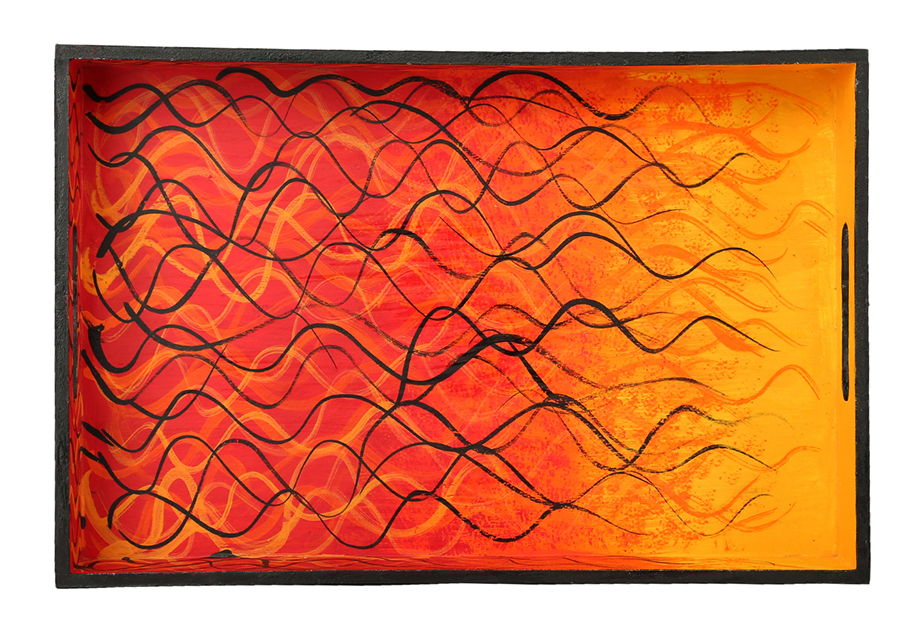 Buy in Bulk Wholesale Serving Tray Hand-Painted Warm Glow with Wavy Pattern in MDF - Orange, Yellow & Black - Kitchen Accessories