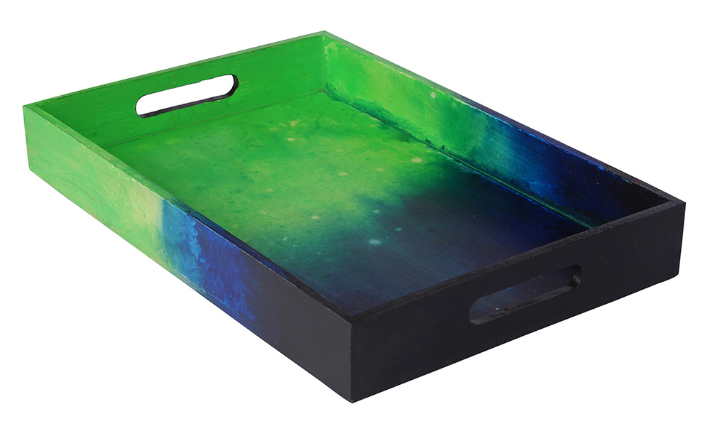 Buy in Bulk Wholesale Serving Tray in MDF - Hand-Painted Green & Deep Blue - Kitchen Accessories
