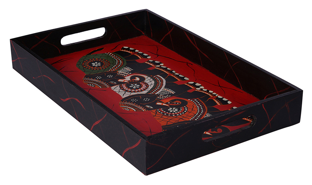 Buy in Bulk Wholesale Serving Tray in MDF Hand-Painted Regal with Elephant Motifs - Red & Black - Kitchen Accessories