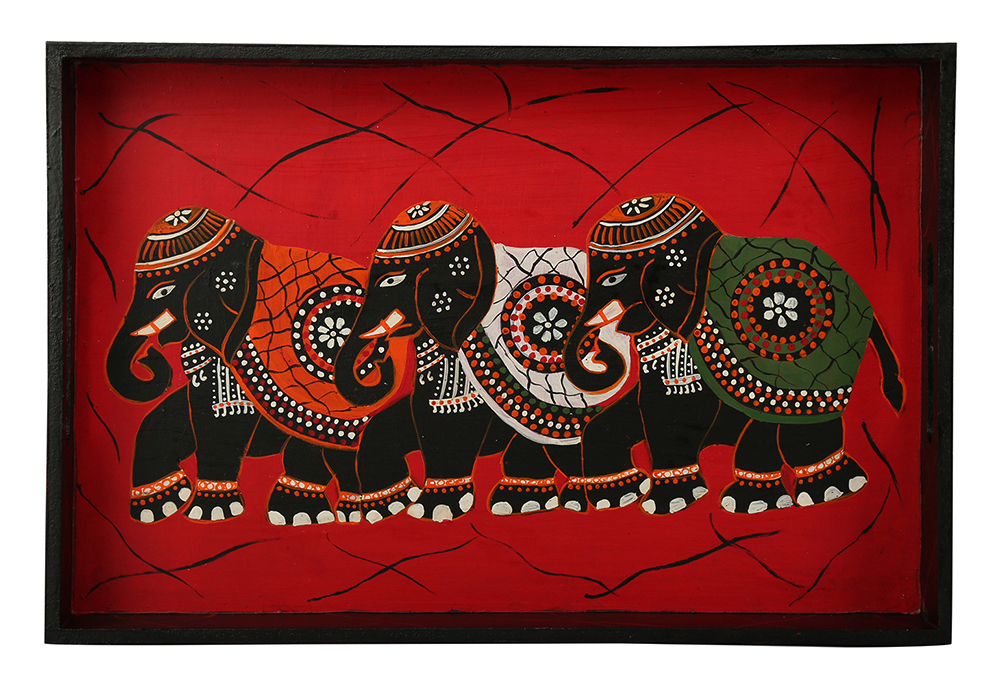 Buy in Bulk Wholesale Serving Tray in MDF Hand-Painted Regal with Elephant Motifs - Red & Black - Kitchen Accessories