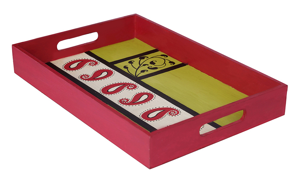 Buy in Bulk Wholesale Serving Tray in MDF Hand-Painted Paisley Magic - Pink, Green & Black - Kitchen Accessories