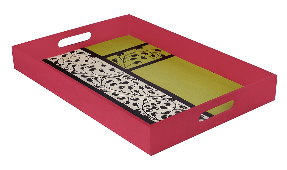 Buy in Bulk Wholesale Serving Tray in MDF - Hand-Painted Florets Grand Pink, Green, White - Kitchen Accessories