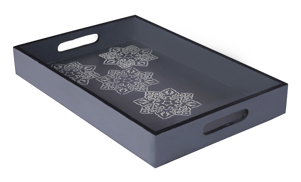 Buy in Bulk Wholesale Serving Tray in MDF Hand-Painted Florets - Black with White Motifs - Kitchen Accessories