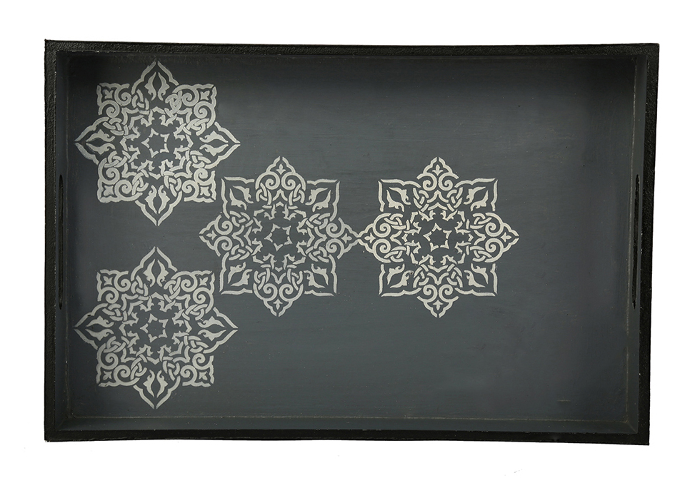 Buy in Bulk Wholesale Serving Tray in MDF Hand-Painted Florets - Black with White Motifs - Kitchen Accessories