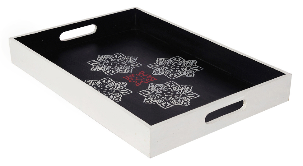Buy in Bulk Wholesale Serving Tray in MDF with Floral Motifs Hand-Painted Black & White Grand - Kitchen Accessories