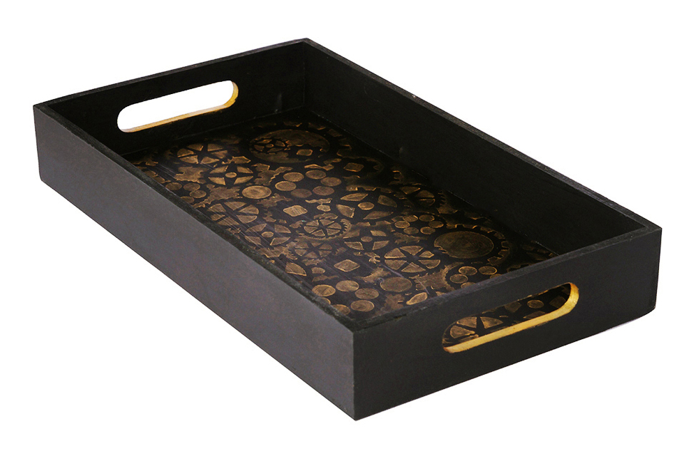 Buy in Bulk Wholesale Serving Tray in Black & Golden Hand-Painted Rustic Steam-Punk - Kitchen Accessories