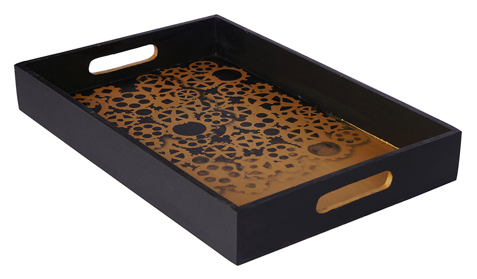 Buy in Bulk Wholesale Serving Tray in MDF Hand-Painted Rustic Steam-Punk - Black & Golden - Kitchen Accessories