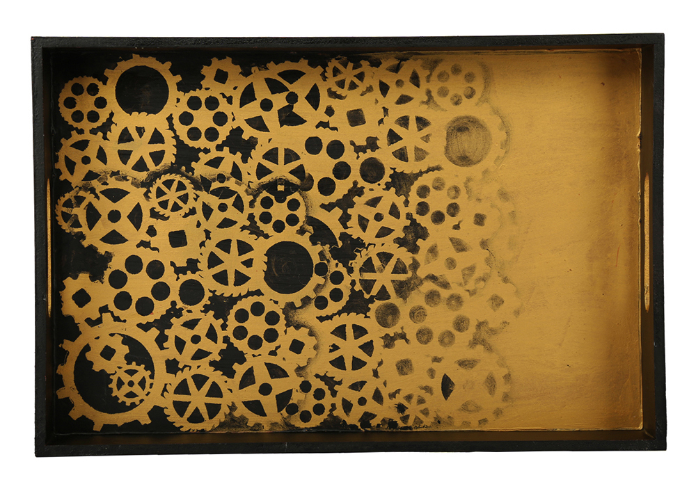 Buy in Bulk Wholesale Serving Tray in MDF Hand-Painted Rustic Steam-Punk - Black & Golden - Kitchen Accessories