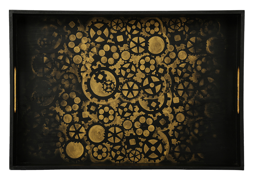 Buy in Bulk Wholesale Serving Tray in MDF Hand-Painted Rustic Steam-Punk Grand - Black, Golden - Kitchen Accessories