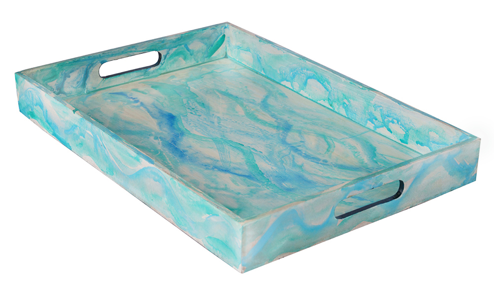 Buy in Bulk Wholesale Serving Tray in MDF - Sky-Blue, White Hand-Painted Rustic Flowing Essence Grand - Kitchen Accessories