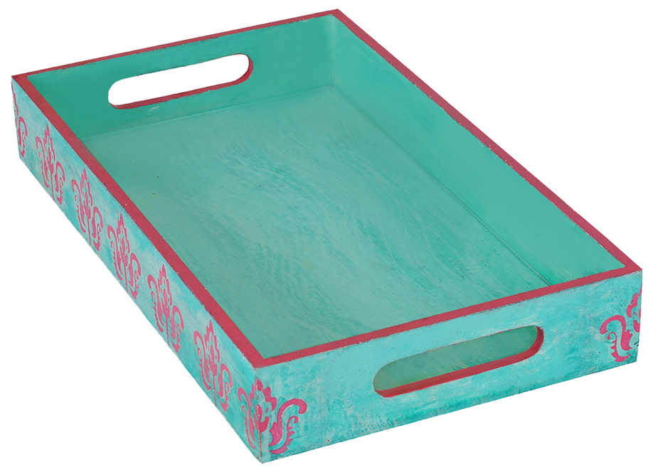 Buy in Bulk Wholesale Serving Tray in MDF Hand-Painted Sky-Blue and Pink Floral - Kitchen Accessories