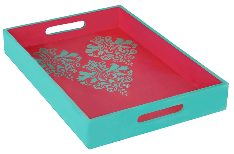 Buy in Bulk Wholesale Serving Tray in MDF Hand-Painted Florets - Pink & Sky-Blue - Kitchen Accessories