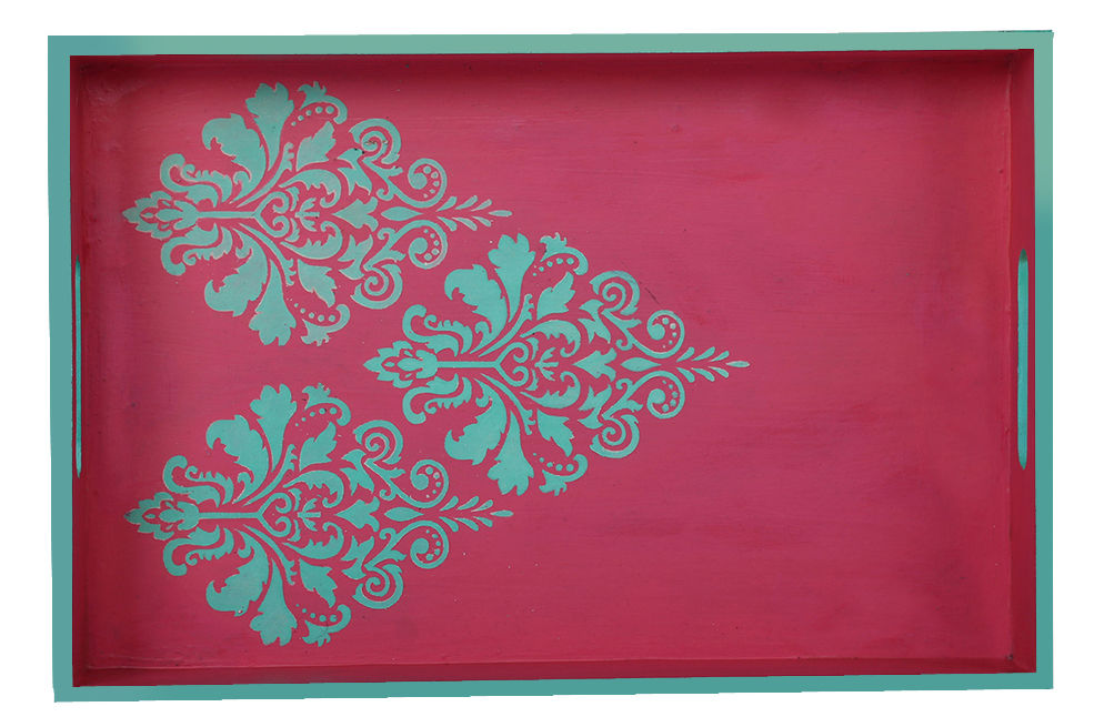 Buy in Bulk Wholesale Serving Tray in MDF Hand-Painted Florets - Pink & Sky-Blue - Kitchen Accessories