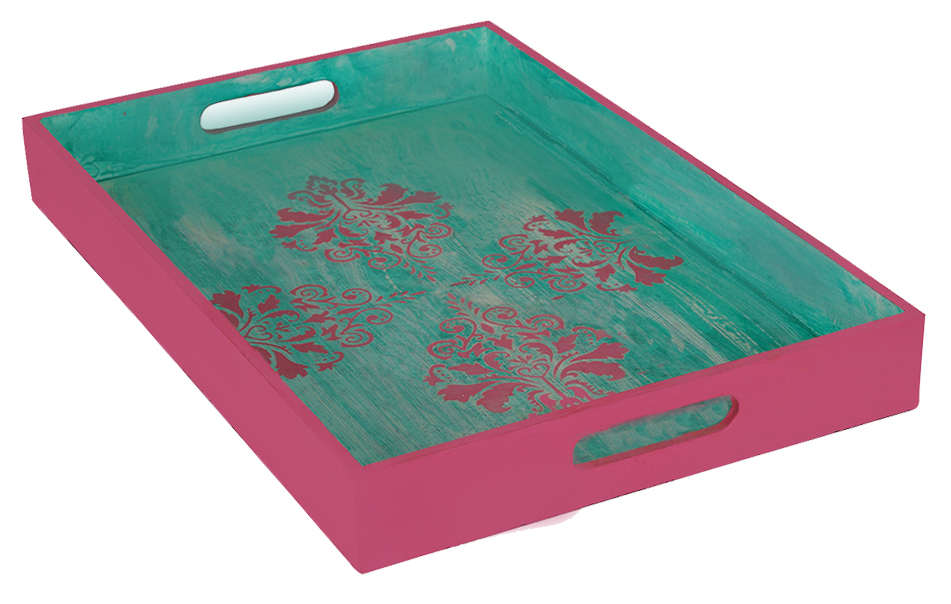 Buy in Bulk Wholesale Serving Tray in MDF - Sky-Blue, Pink Hand-Painted Blossoming Grand - Kitchen Accessories