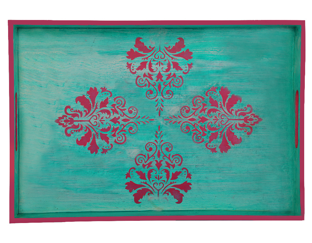 Buy in Bulk Wholesale Serving Tray in MDF - Sky-Blue, Pink Hand-Painted Blossoming Grand - Kitchen Accessories