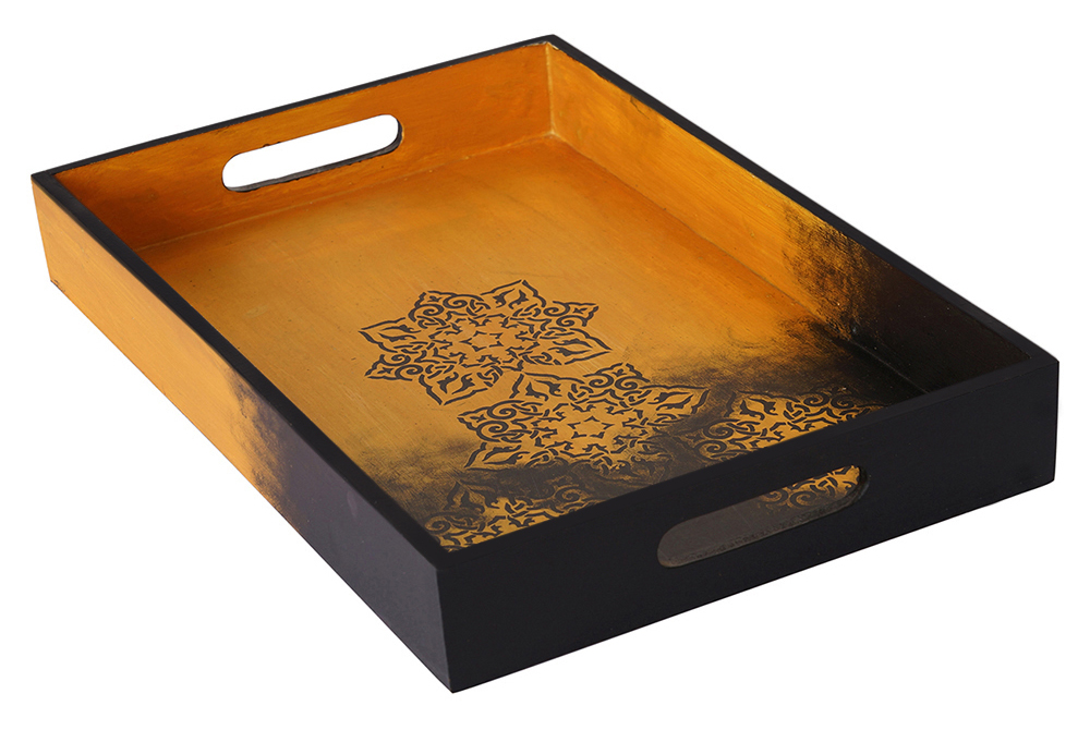 Buy in Bulk Wholesale Serving Tray in MDF Hand-Painted Classic Gold with Black Floral Motifs - Kitchen Accessories