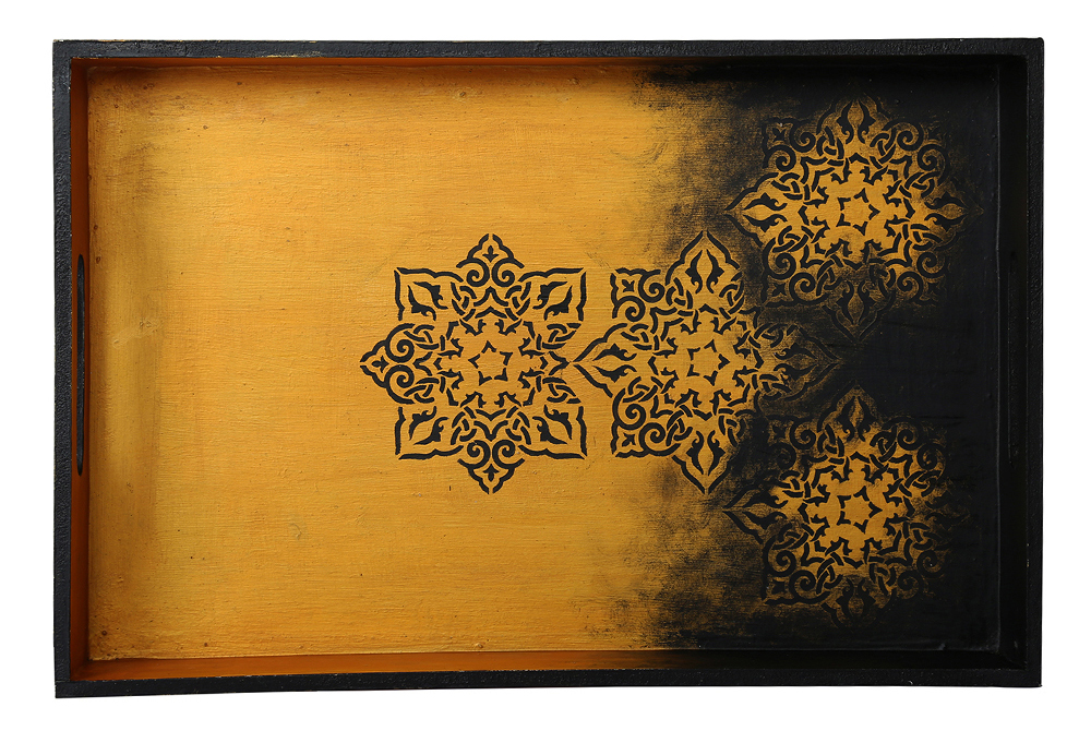Buy in Bulk Wholesale Serving Tray in MDF Hand-Painted Classic Gold with Black Floral Motifs - Kitchen Accessories