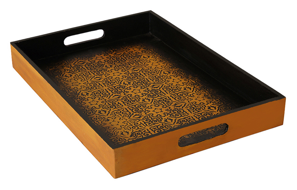 Buy in Bulk Wholesale Serving Tray in MDF - Black, Golden Hand-Painted Classic Gold - Kitchen Accessories