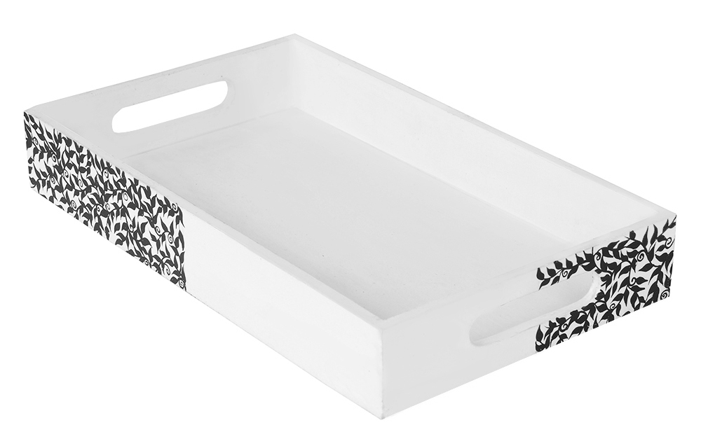 Buy in Bulk Wholesale Serving Tray in MDF with Ferns’ Pattern Hand-Painted White & Black - Kitchen Accessories