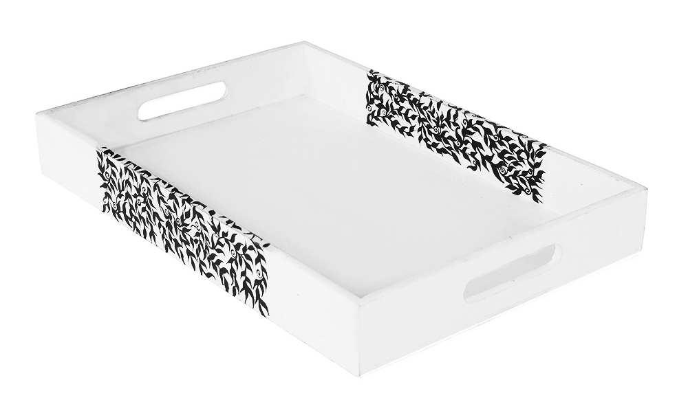 Buy in Bulk Wholesale Serving Tray in MDF in White Hand-Painted Ferns & Petals - Kitchen Accessories