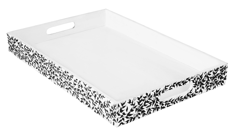 Buy in Bulk Wholesale Serving Tray in MDF - Black, White Hand-Painted Ferns & Petals Grand - Kitchen Accessories