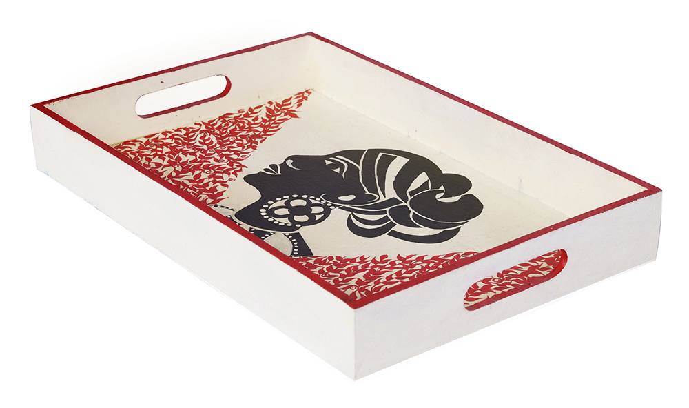 Buy in Bulk Wholesale Serving Tray in MDF in White, Red & Black Hand-Painted ‘Indian Beauty’ - Kitchen Accessories